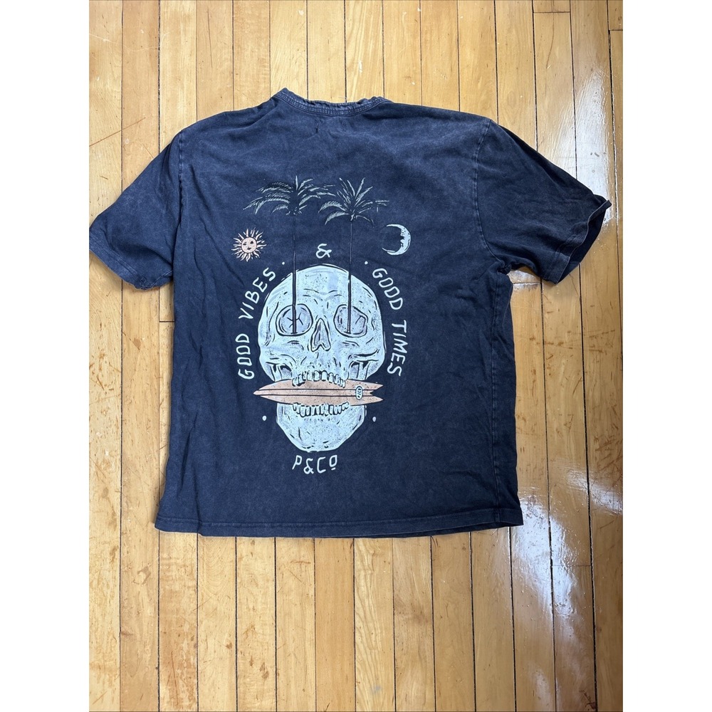P&Co Shirt Mens Large Gray Good Vibes Pocket Tee Skull Palm Trees